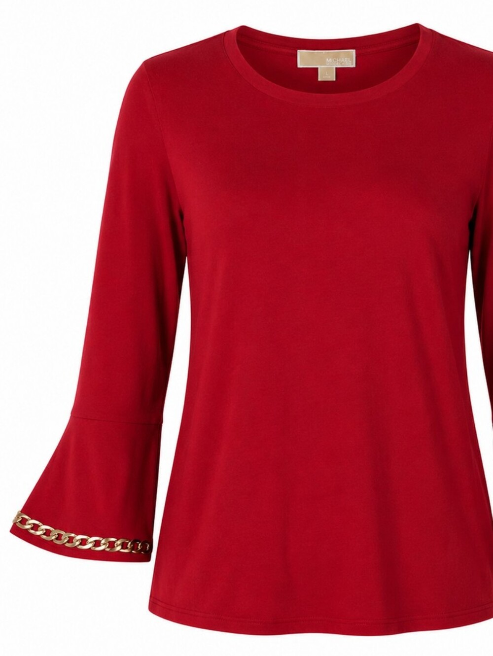 MICHAEL KORS | Holiday Red Bell Sleeve Gold Chain Trim Cotton Modal Top | L